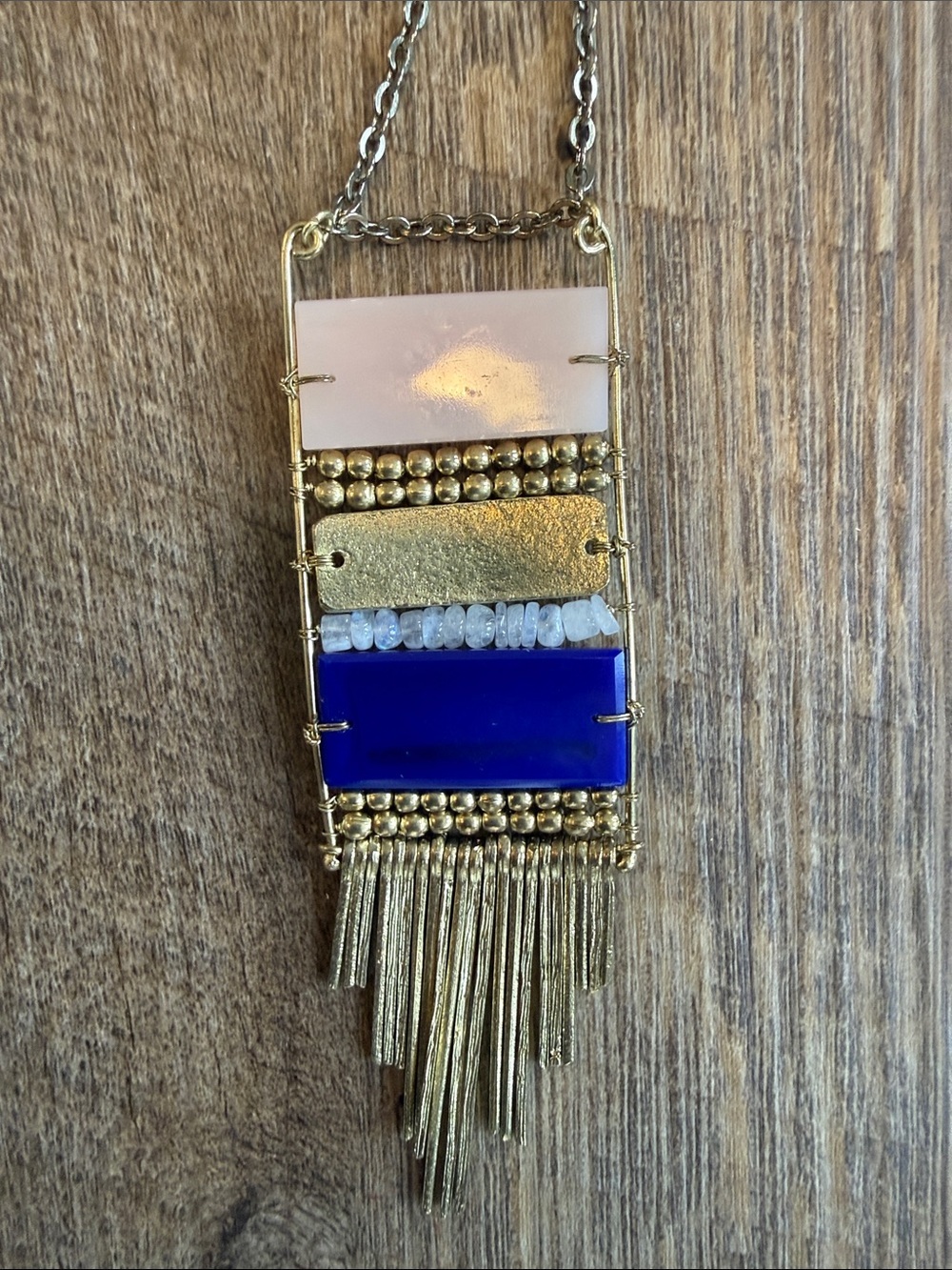 Noonday Collection Gold Fringe Peach and Navy Gemstone Pendant Necklace - Picture 7 of 7